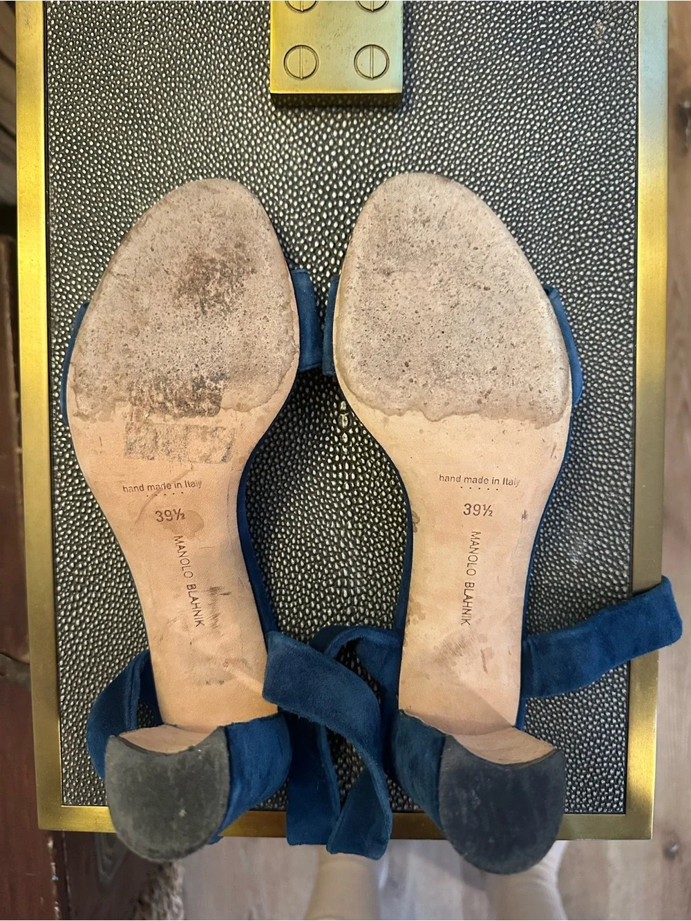 Manolo Blahnik Navy Blue Suede Ankle-Tie Heels